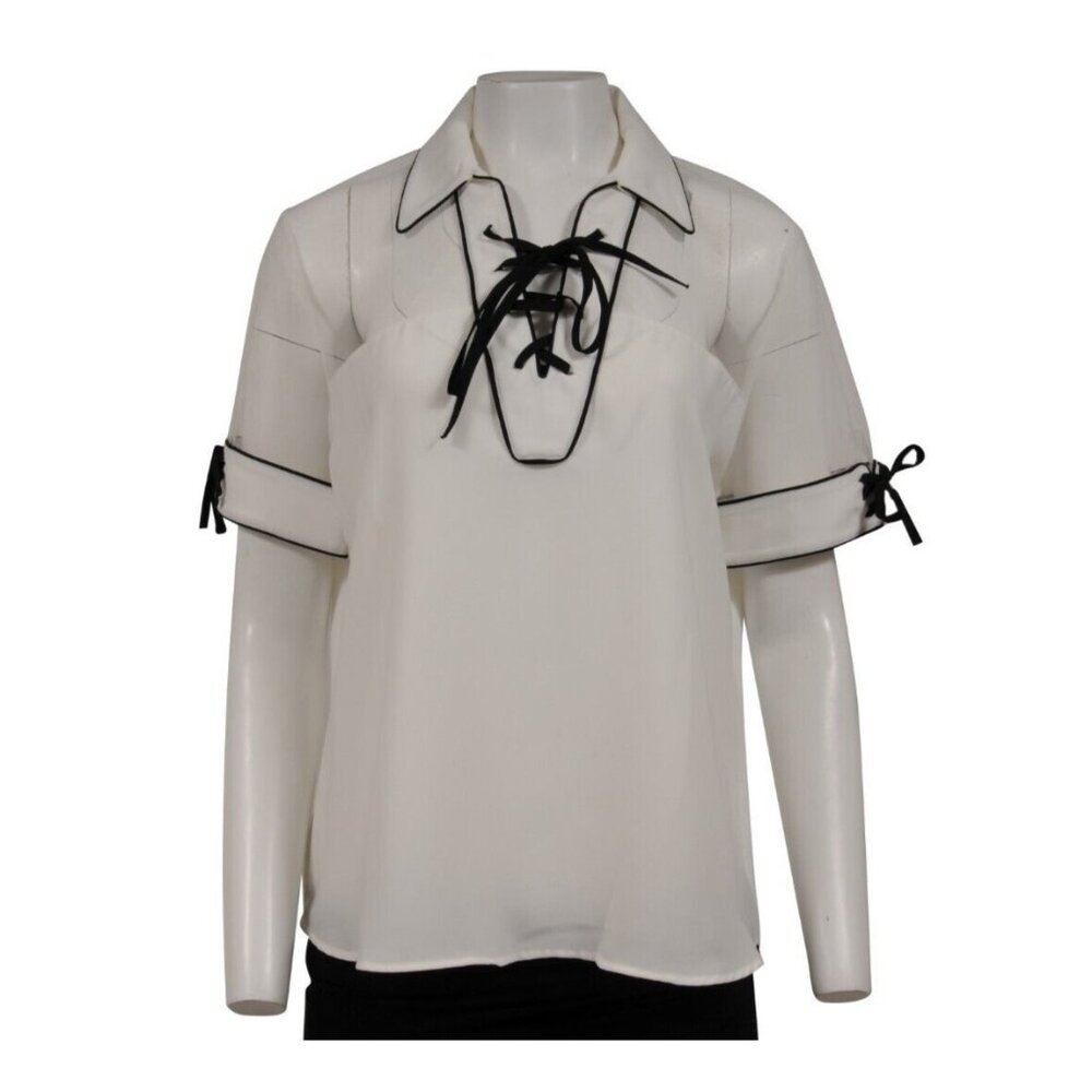 Anne Fontaine Womens Calvina Short Sleeve Collar Shirt US 12 FR 44 White Black